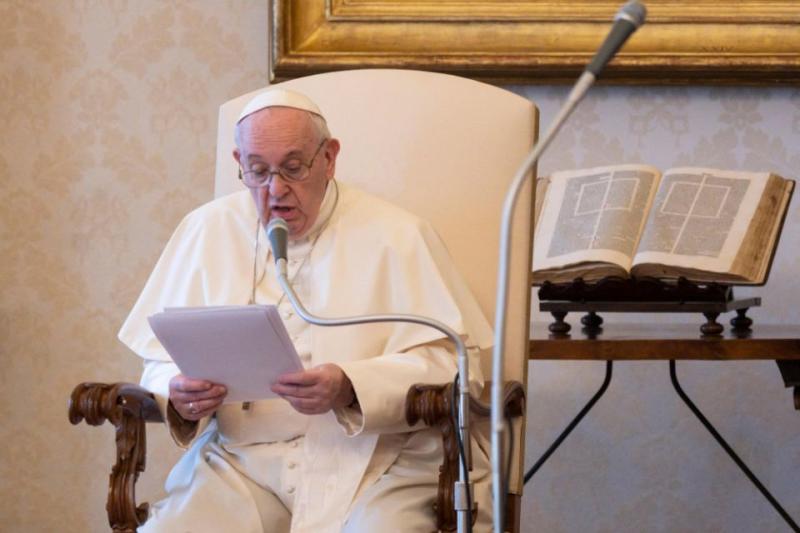 Pope Francis leads his general audience in the library of the Apostolic Palace at the Vatican Aug. 19, 2020.