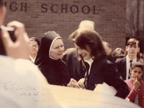 Sr. Alice as Principal of JKK High School with Jacqueline Kennedy Onassis.